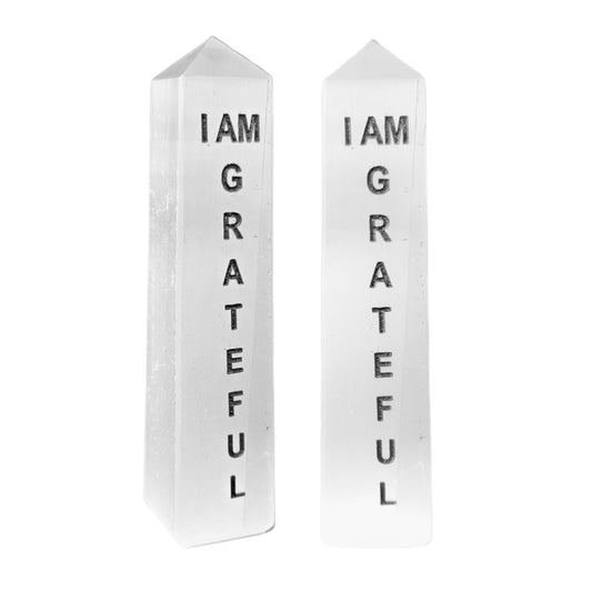 I Am Grateful Selenite Crystal Tower