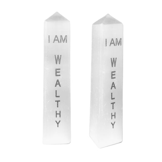 I Am Wealthy Selenite Crystal Tower